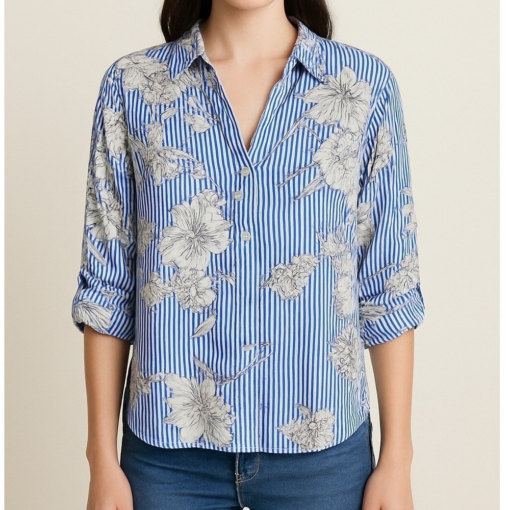 Zara Woman Blue‎ Stripe Floral Blouse | SMALL Boho Preppy Cottagecore Casual